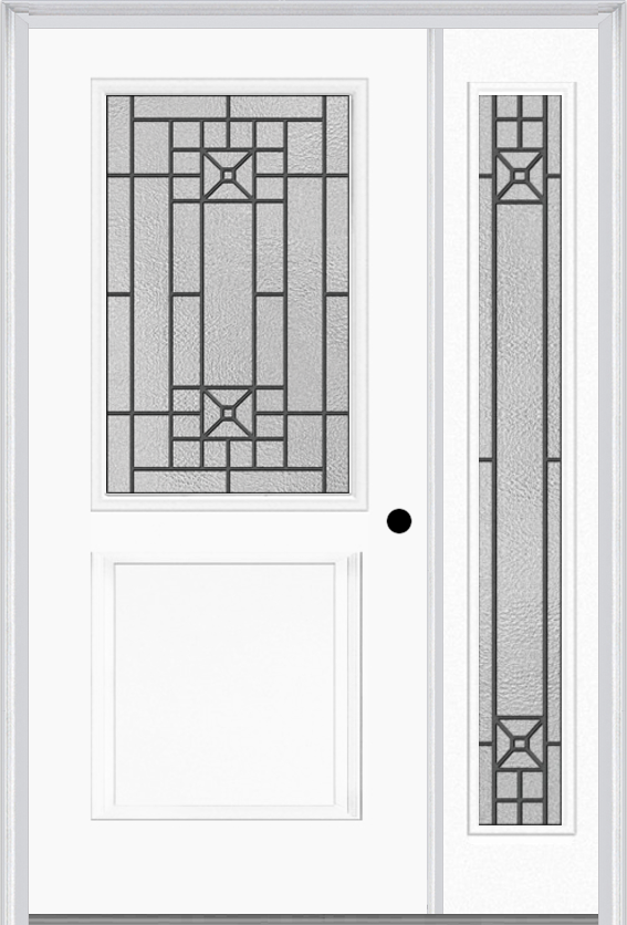MMI 1/2 Lite 1 Panel 6'8" Fiberglass Smooth Courtyard Nickel Vein Wrought Iron Exterior Prehung Door With 1 Full Lite Courtyard Nickel Vein Wrought Iron Decorative Glass Sidelight 682
